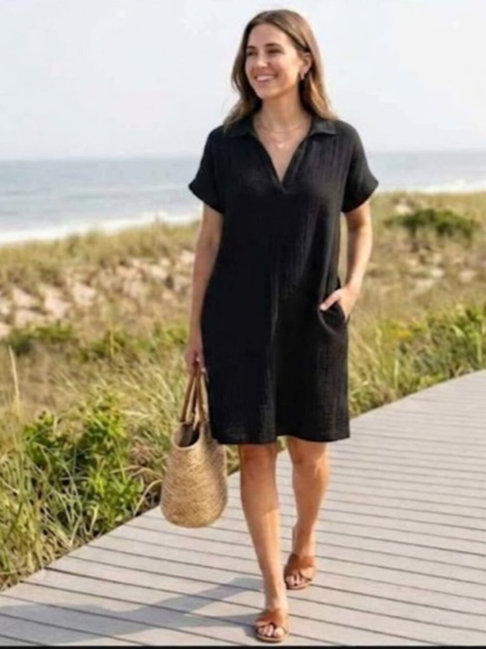 Three Dots Women's Black Dress Double Gauze 100% Cotton Textured Pockets Size M